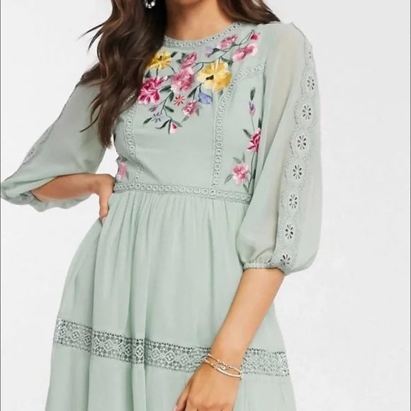 Dresses | Asos Embroidered Midi Dress With Lace Trims And Puff Sleeves |  Poshmark
